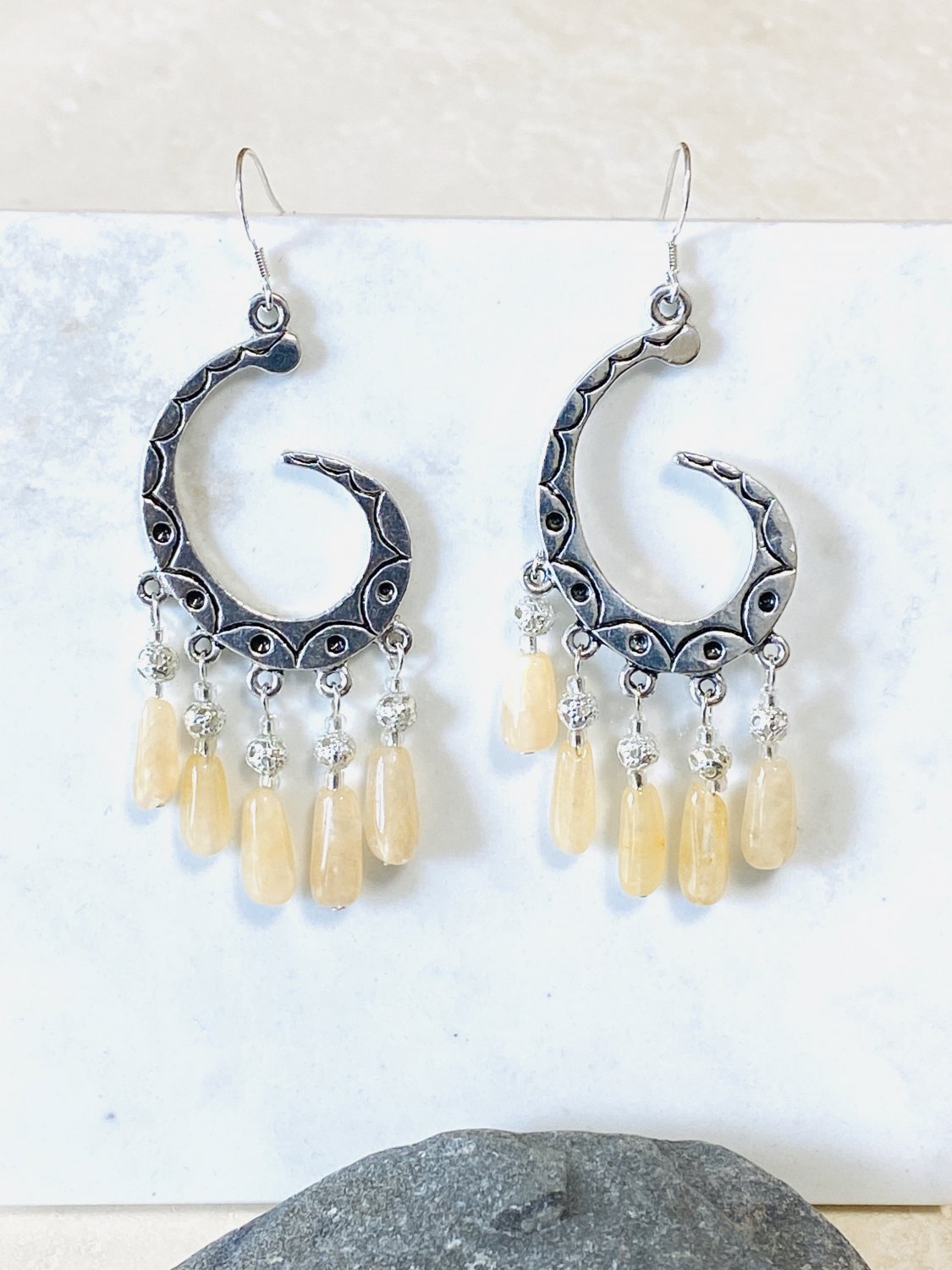 Natural Gemstone (Calcite + Sterling Silver) Dangle Earrings