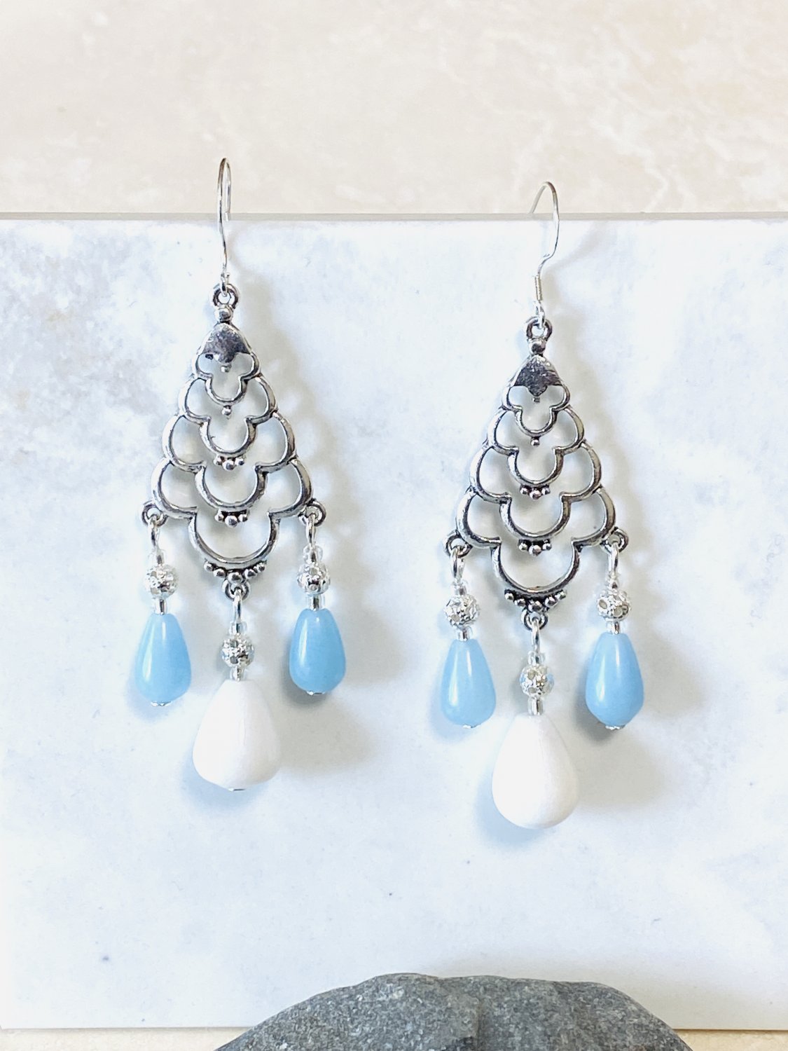 Natural Gemstone Chandelier Silver Earrings (Blue Agate Milky Quartz)