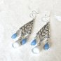 Natural Gemstone Chandelier Silver Earrings (Blue Agate Milky Quartz)