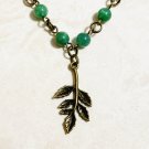 Hunter Green Natural Gemstone Aventurine Bronze Leaf Branch Pendant Necklace