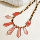 Genuine Gemstone Cherry Quartz Golden Mother of Pearl Bib Necklace