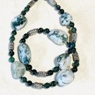 Ethnic Boho Long Necklace w/ Green Natural Gemstone Tree & Moss Agate