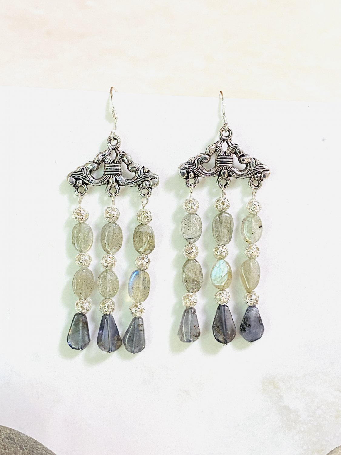 Icy Gray Blue Natural Gemstone Labradorite Gothic Chandelier Earrings