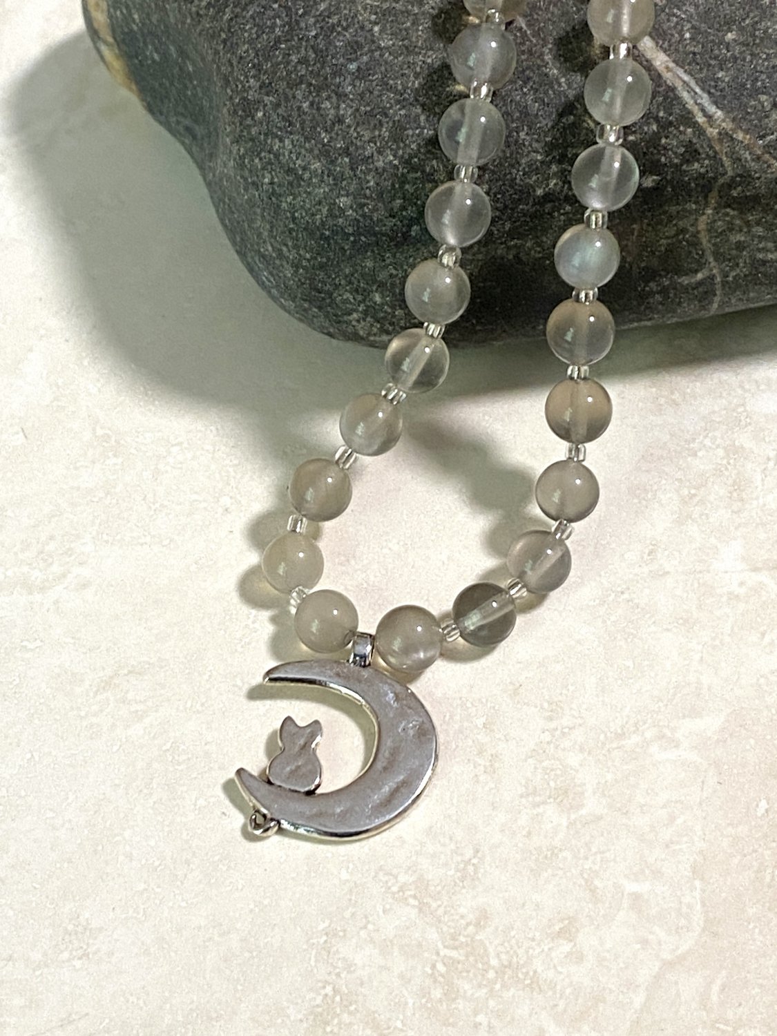 Dark Moonstone Silver Cat on the Moon Necklace, Genuine Gemstone June Birthstone