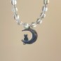 Dark Moonstone Silver Cat on the Moon Necklace, Genuine Gemstone June Birthstone