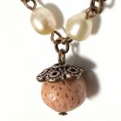 Pink Freshwater Pearl Necklace with Cute Coral Pendant, Copper Chain