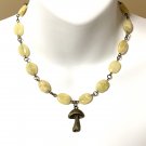 Natural Olive Yellow Opal Necklace, Cute Bronze Mushroom + Genuine Gemstone