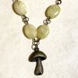 Natural Olive Yellow Opal Necklace, Cute Bronze Mushroom + Genuine Gemstone