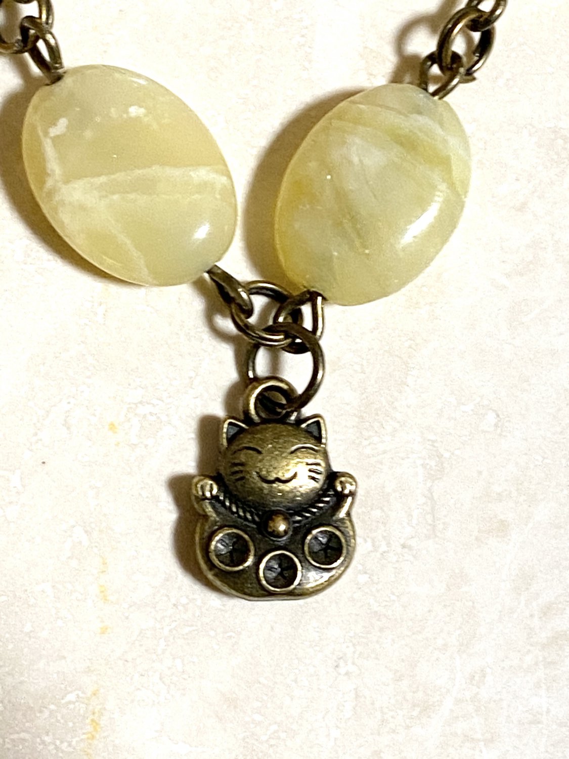Natural Olive Yellow Opal Necklace, Cute Fortune Cat Pendant + Genuine Gemstone
