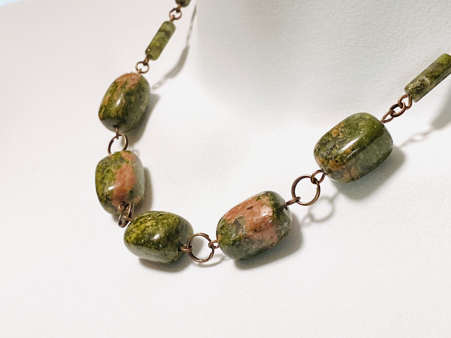 Rustic Natural Green Unakite Necklace, Genuine Gemstone + Copper Chain