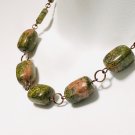 Rustic Natural Green Unakite Necklace, Genuine Gemstone + Copper Chain