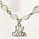 Clear Crackle Quartz Necklace, I Love Cats Pendant + Genuine Gemstone