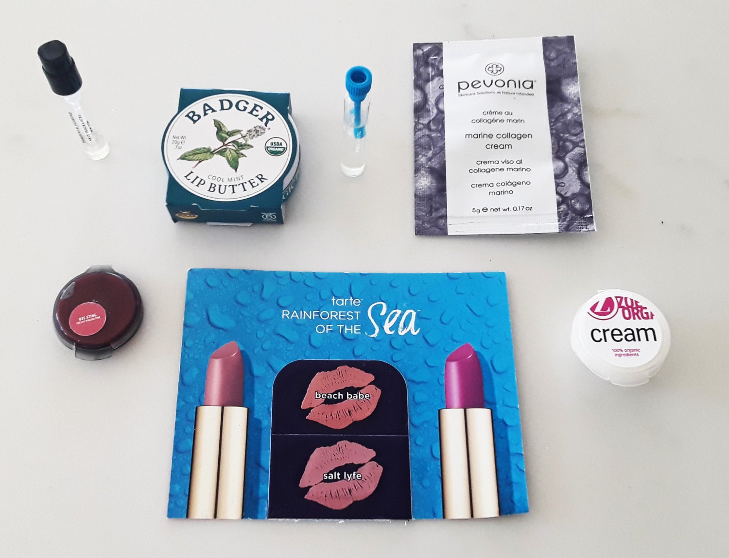 Comptoir Sud, Tarte, Pevonia, Zoe Organics, and Nest Samples and Badger Lip Balm