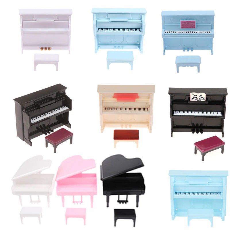 1set plastic Grand Piano With Stool Model Dollhouse Miniature White black Exquisite For Dollhouse