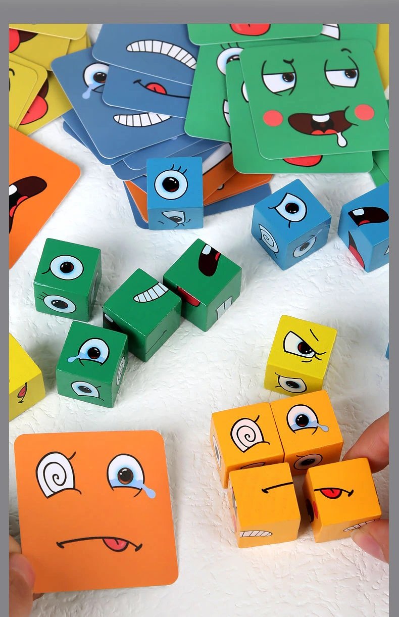 Kids Face Change Expression Puzzle Building Blocks Montessori Cube Table Game Toy Wooden Educational
