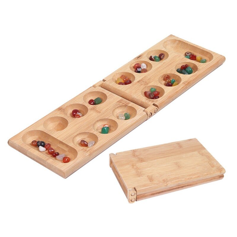 D7WF Mancala Board Game with Colorful Stones Pebbles Folding Wooden Board Chess Set