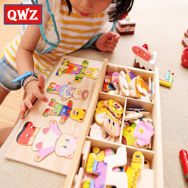QWZ Little Bear Change Clothes Children's Early Education Wooden Jigsaw Puzzle Dressing Game