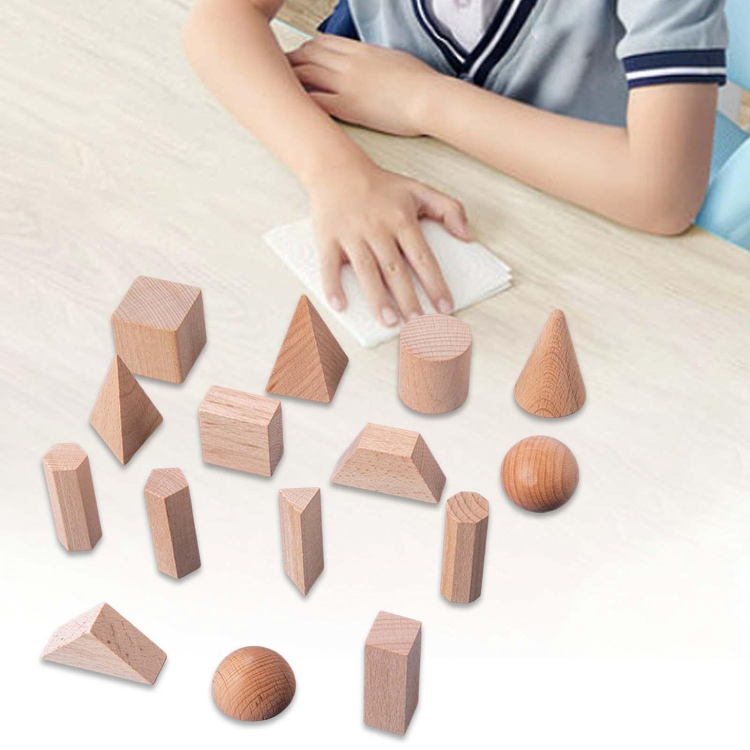 15x Wooden Geometric Solid Blocks 3D Shapes Educational Toy Montessori Toys
