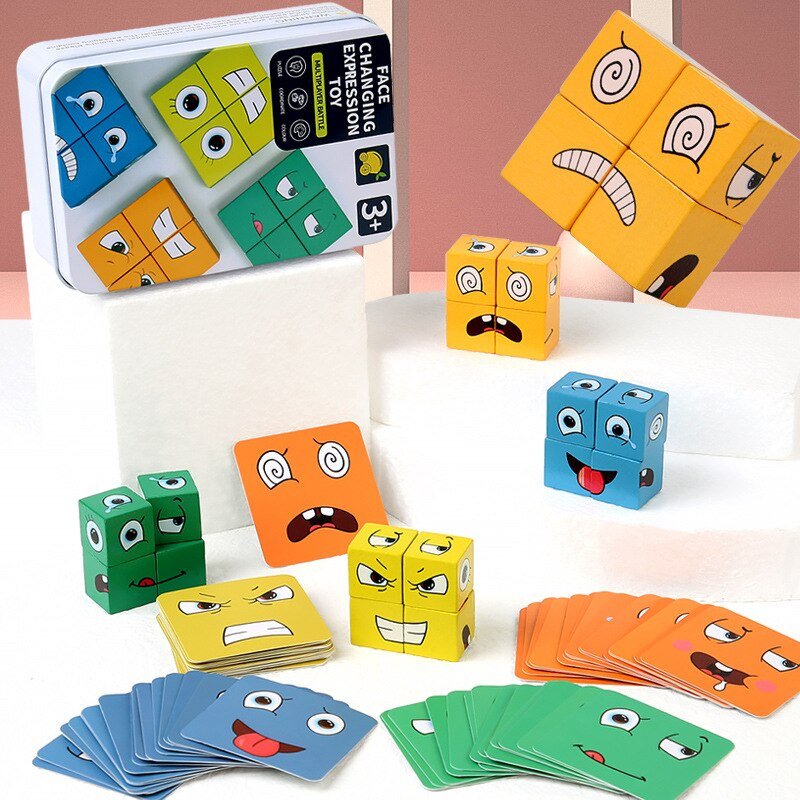 Learning Educational Toy 1 Set Cards Emoticon Puzzle Face Change Cubes Wooden Toys