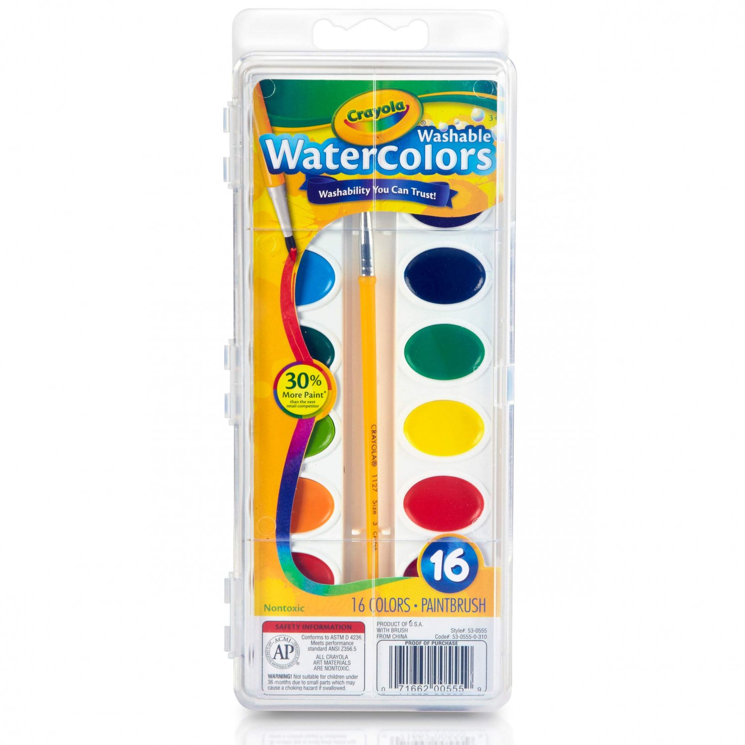 Crayola 16 Color Washable Solid Pigments Watercolors 53-0555