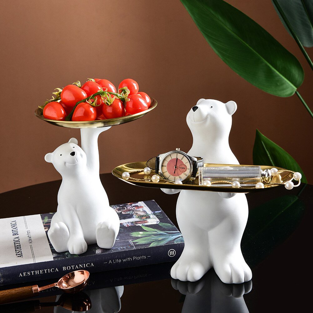 Resin Polar Bear Key Holder Statue Creative Figurine Home Office Desktop Storage Fruit