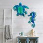 Metal Blue Sea Turtle Seahorse with Glass Wall Art for Home Decorative Objects Sculpture