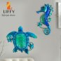 Metal Blue Sea Turtle Seahorse with Glass Wall Art for Home Decorative Objects Sculpture