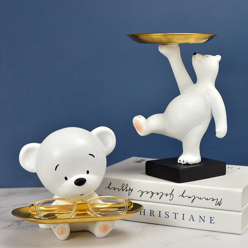Aimor Cute White Bear Figurine With Tray For Tabel Decor Butler For Keys Resin Statue Home