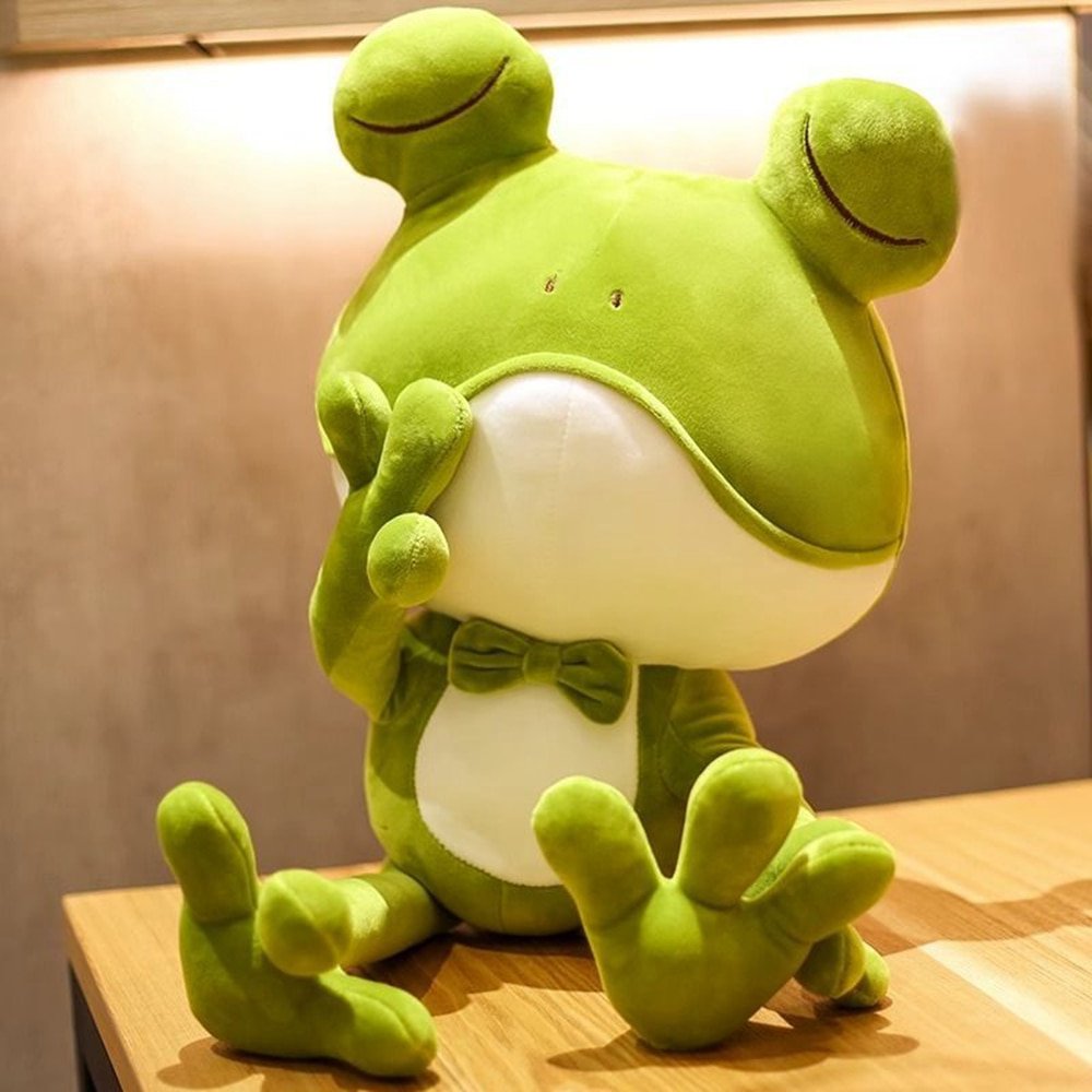 50CM Cute Sleeping Frog Plush Toy Throw Pillow Playful Green Bow Squinting Eye Bed