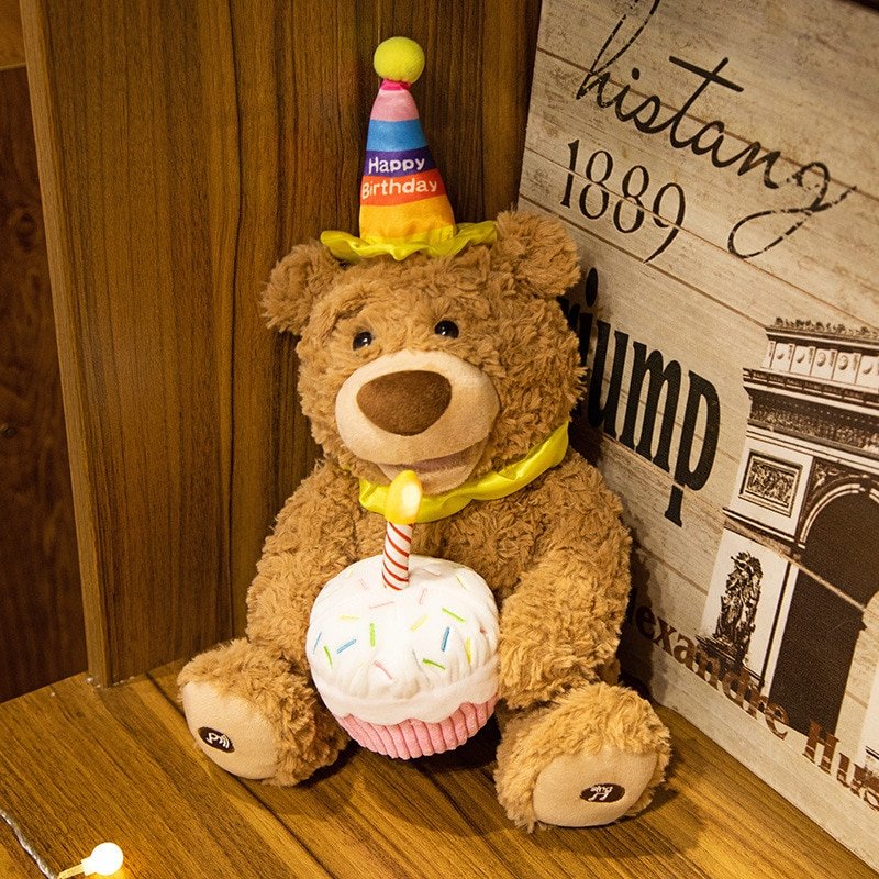 37cm Cute Bear Electric Plush Doll Birthday Hat Teddy Bear Sing Interactive Game Home Decor Kid