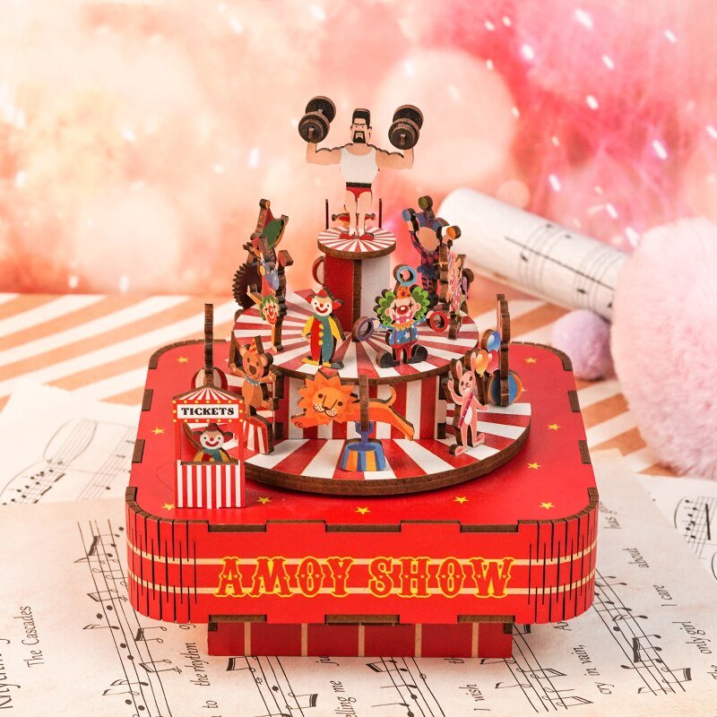 DIY Wooden Model Building Kits Music Box Circus Puzzle Toys Miniatures Bookshelves Doll