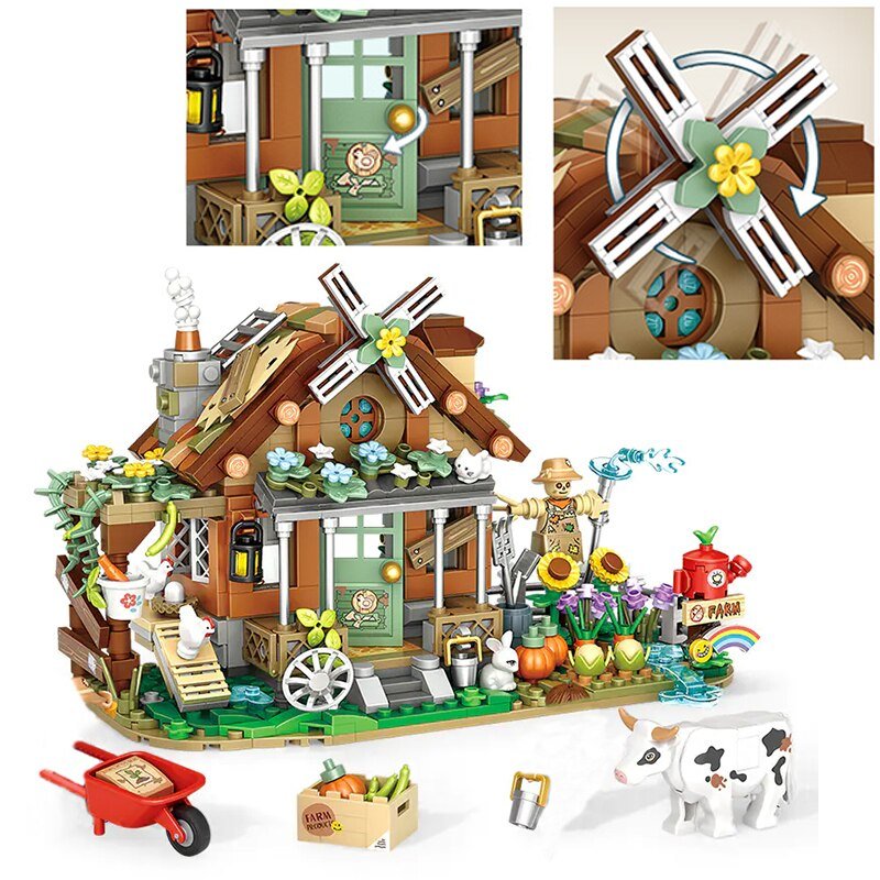 LOZ Creative Windmill Farm House Animal Homeland Building Block Moc Farm Cabin Garden Cart Cow