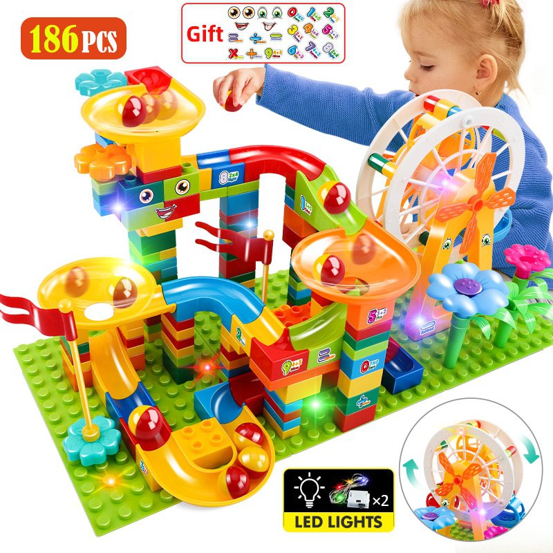 36-186PCS Big Size Marble Race Run Particle Scenes LED Light Slide Funnel Ferris Wheel Building