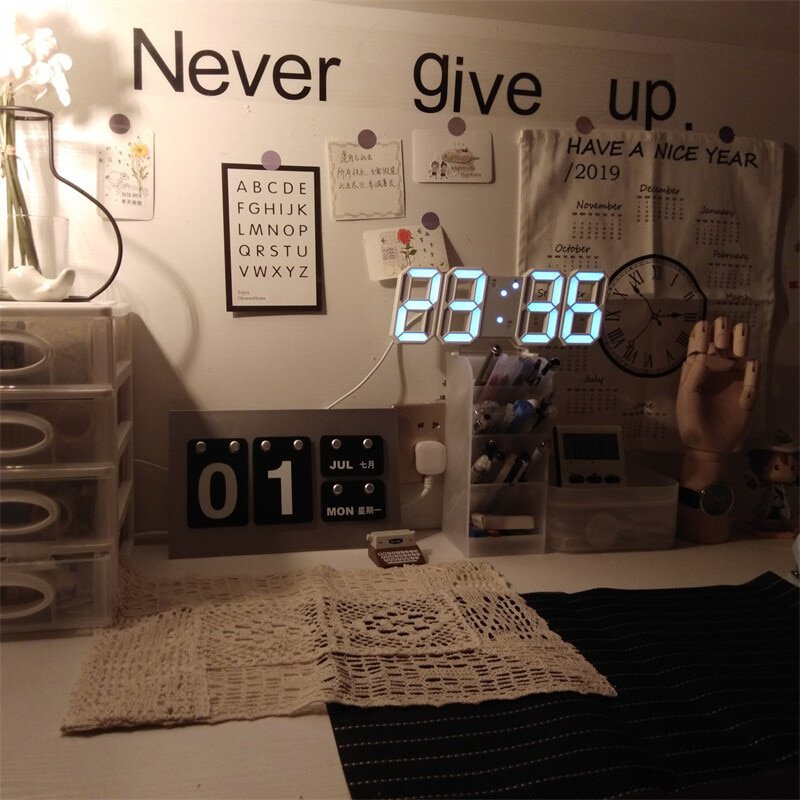 3D LED Digital Clock Wall Deco Glowing Night Mode Adjustable Electronic Table Clock Wall Clock