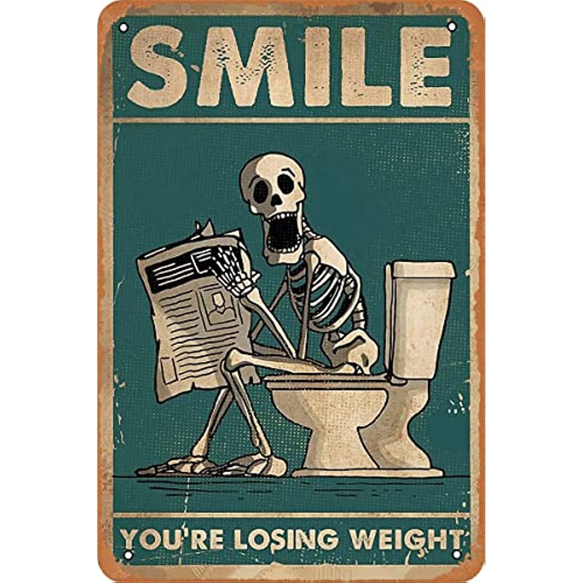 Funny Toilet Bathroom Decor Skeleton Skull Reading Newspapers Sign Retro Metal Tin Sign Vintage Bar