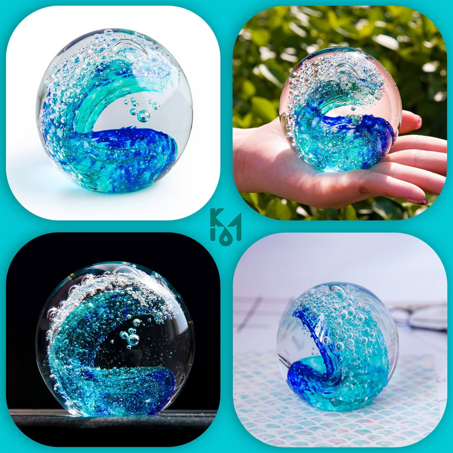 KANGMING Hand Blown Ocean Wave Bubble Glass Paperweight