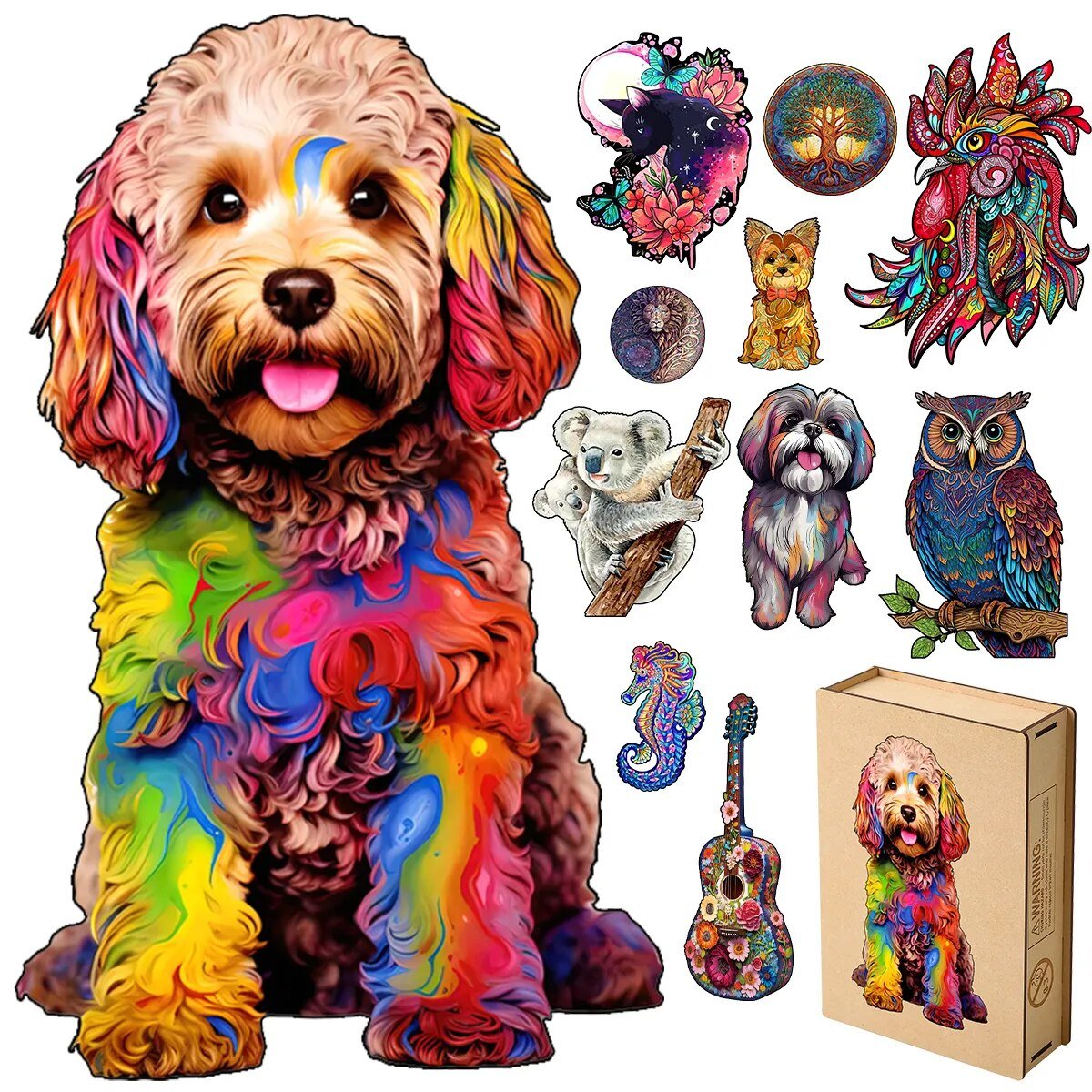 Multi-coloured Dog Puzzle With Box Animal Wooden Puzzles Brain Games For Kids And Adults Crafts