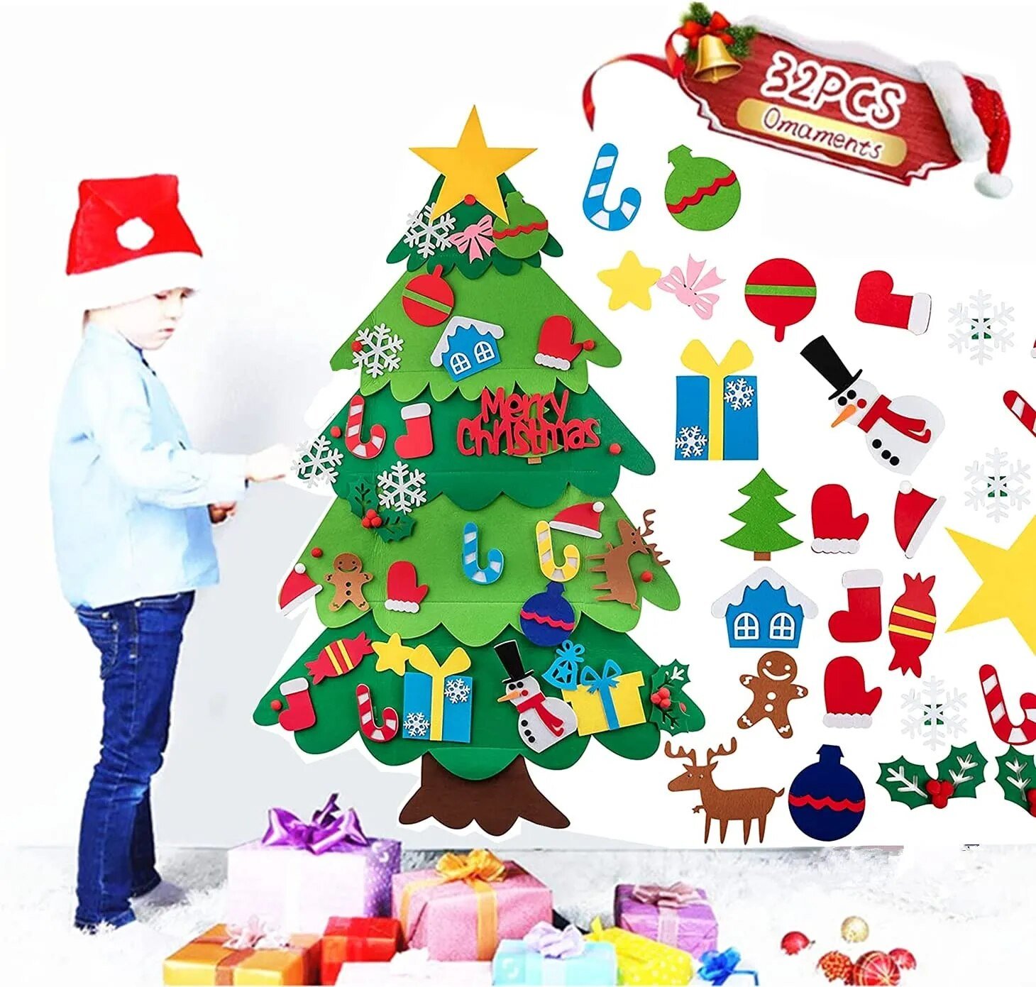 Kids DIY Felt Christmas Tree Toy Wall Hanging Artificial Xmas Tree with Snowman Ornament