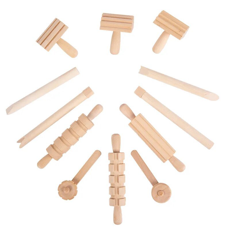 12pcs Children DIY Slime Plasticine Mold Soft Clay High Grade Wooden Tools Dough Play Montessori