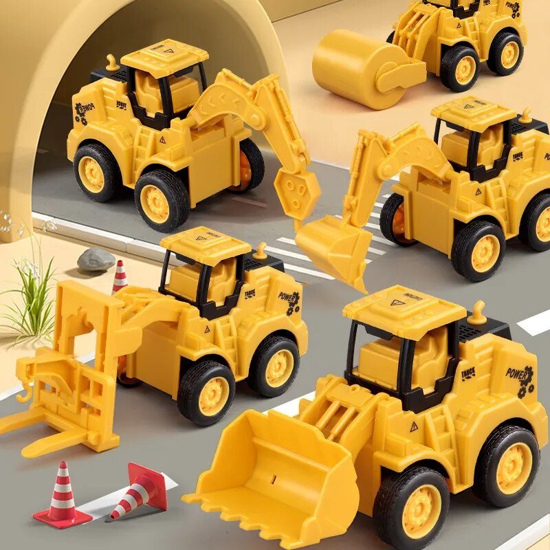 5PCS Engineering Vehicle Toys Press Sliding Simulation Excavator Bulldozer Doll Children
