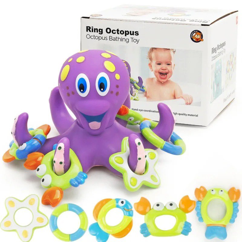 Floating Purple Octopus Bath Toys for Toddlers with 3 Hoopla Rings Interactive Bath Toy
