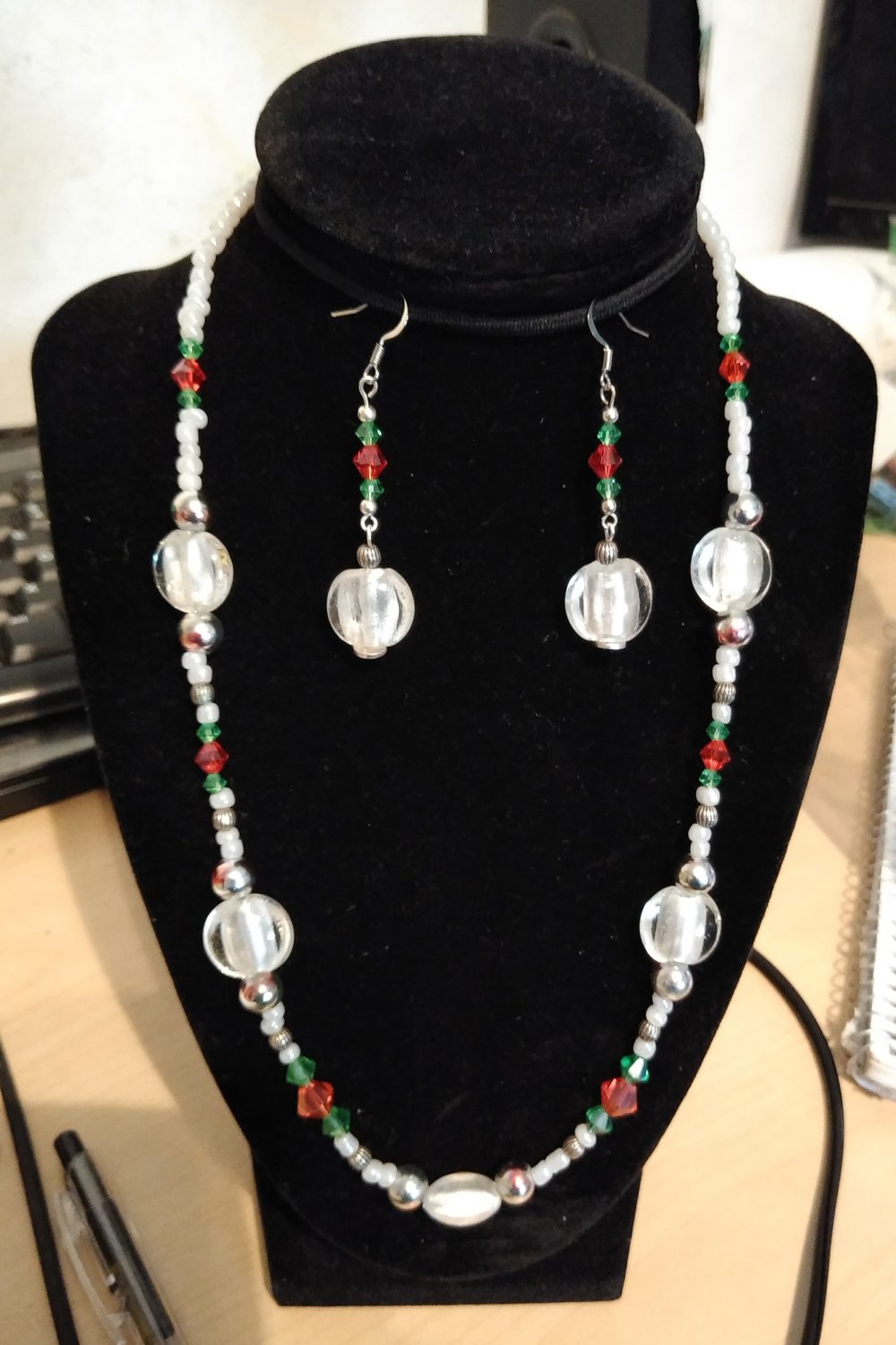 White Beaded Handmade Necklace, Bracelet, and Earrings Set