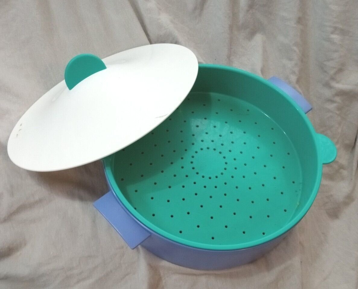 Tupperware Microwave Steamer Three 3 Pieces Blue Green