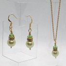 Soft Green Glass Pearls and Crystals Handmade Necklace and Earrings Set