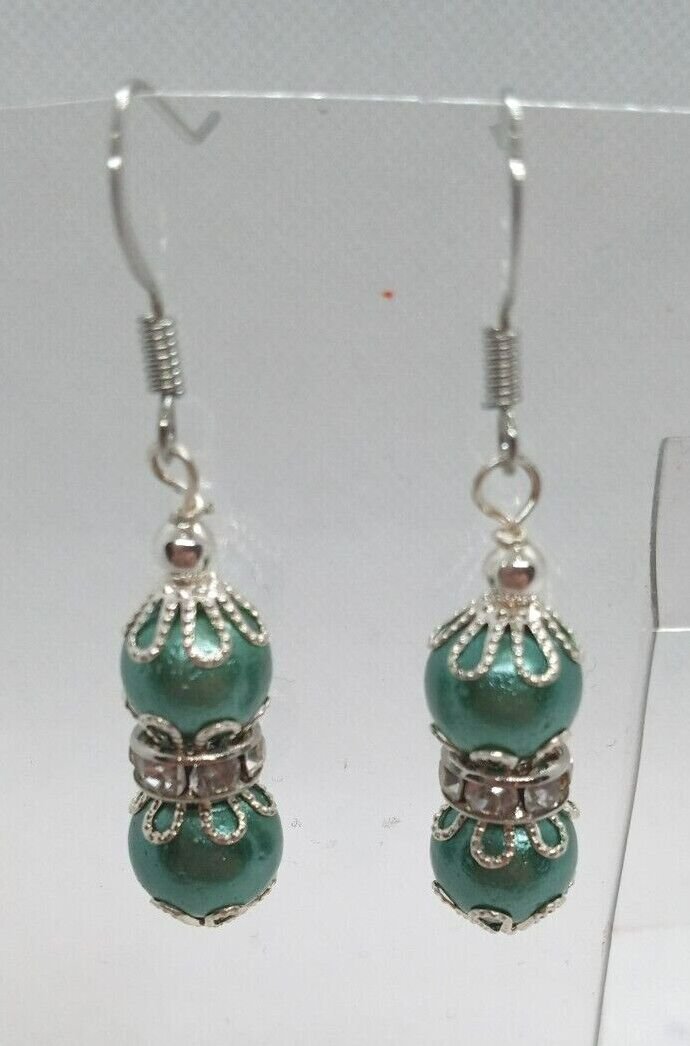 Green and White Pearl Beaded Handmade Dangle Earrings