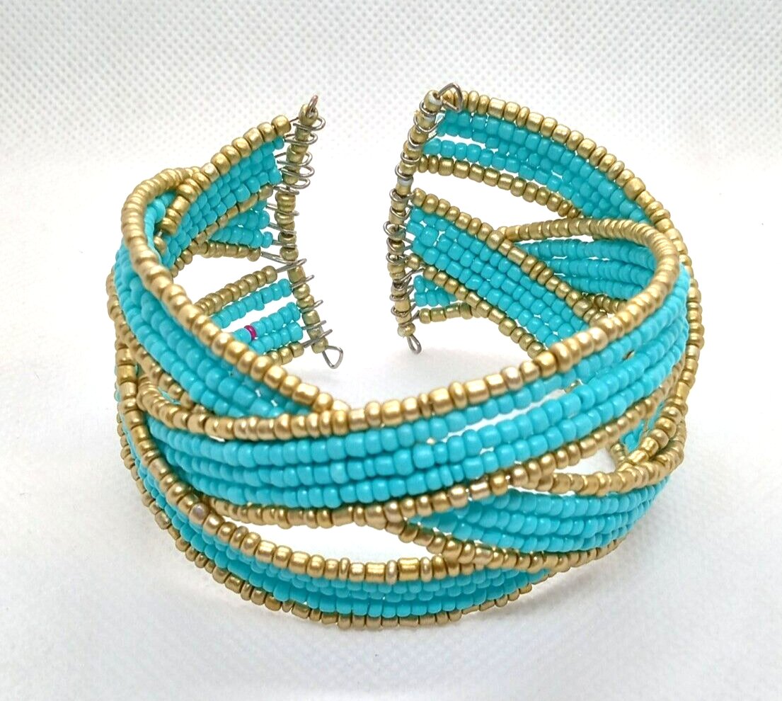 Turquoise Beaded Cuff Bracelet Handmade Homemade for Women