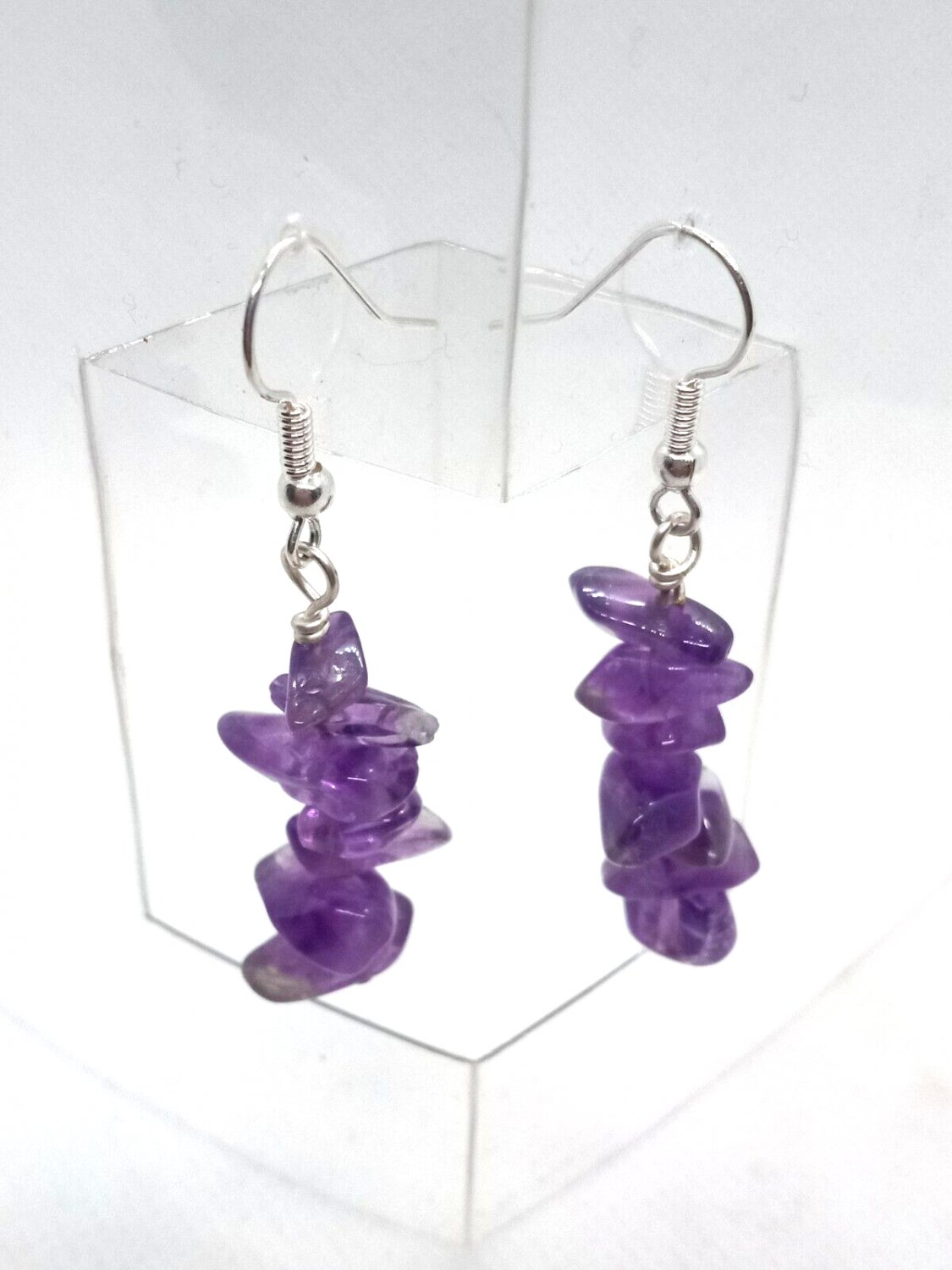 Handmade Dangle Earrings Purple Amethyst and White Clear Glass Chip  Lot of 2