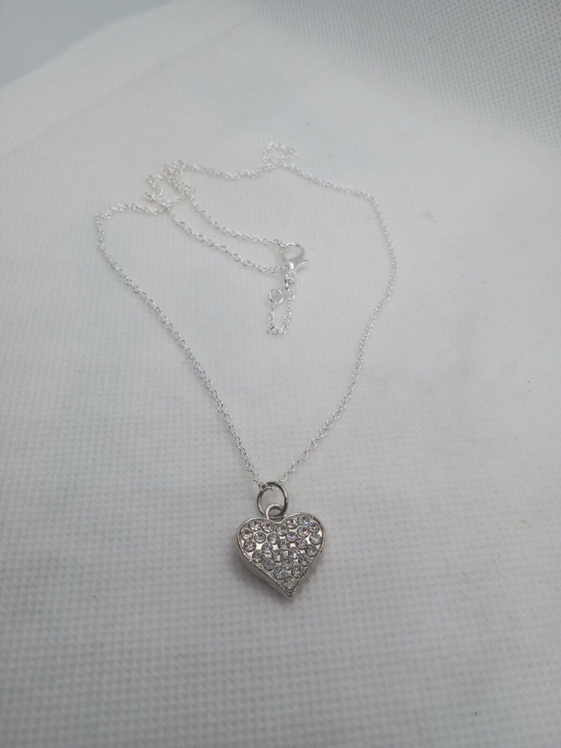 Silver tone  Rhinestone Heart Necklace on Sterling 925 Chain