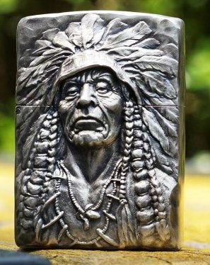 Handmade Shell 85g s925 Sterling silver Embossed Indian Chief complete Lighter