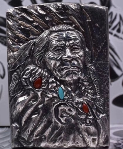 Indian chief relief handmade gemstone 109g S925 Sterling Silver kerosene lighter